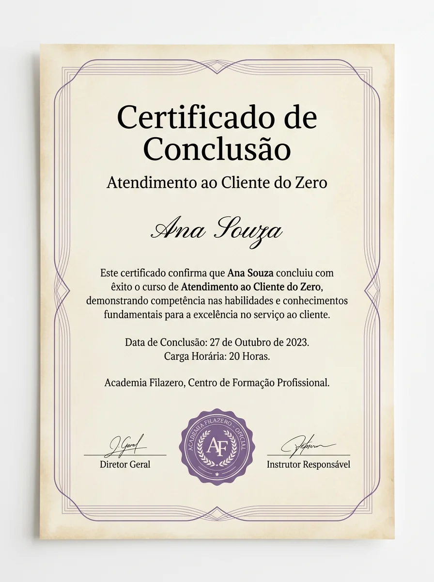Certificado de conclusão do curso Atendimento ao Cliente do Zero — Academia Filazero