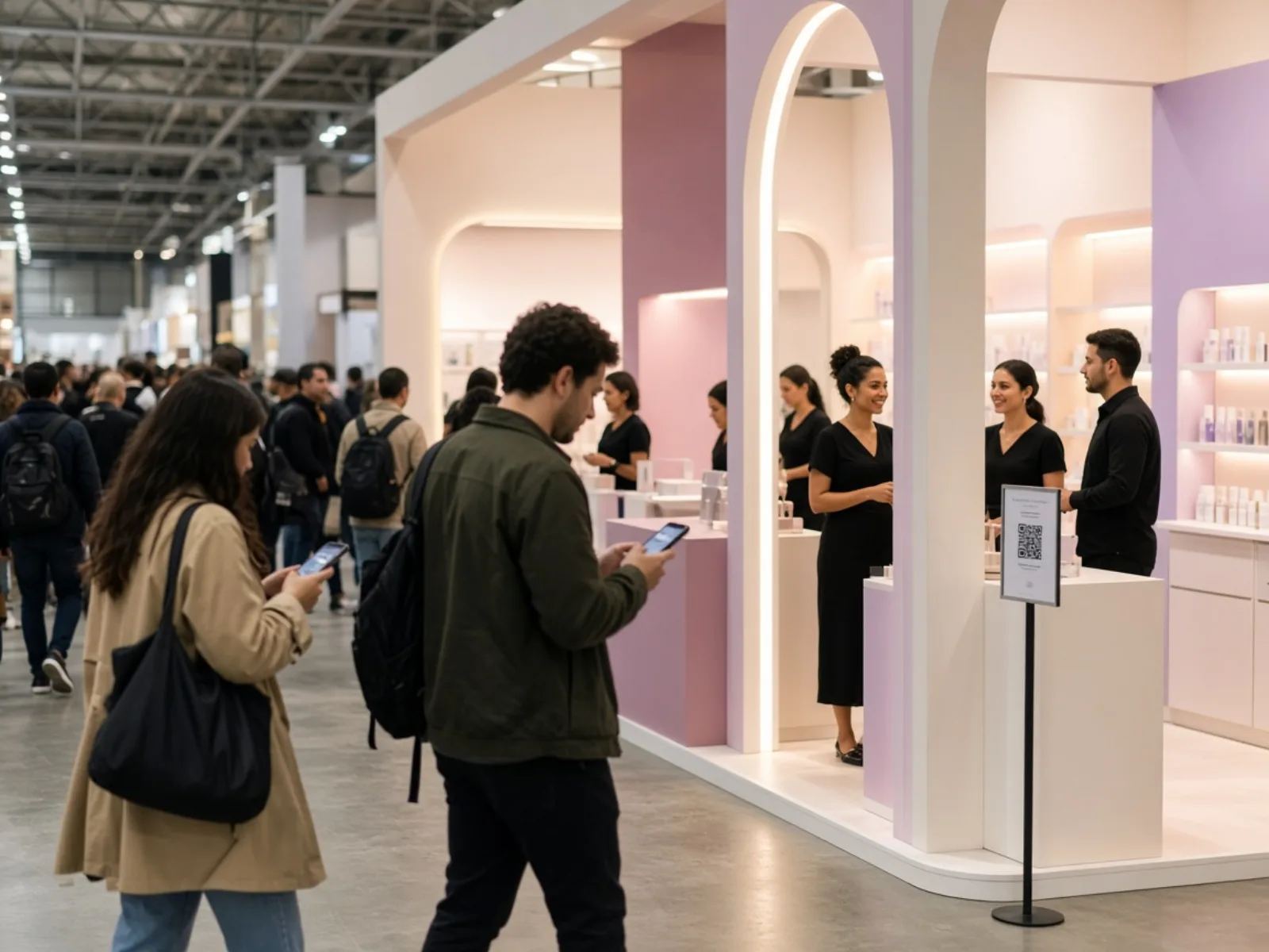 Visitantes consultam o celular enquanto circulam perto de um estande de beleza numa feira