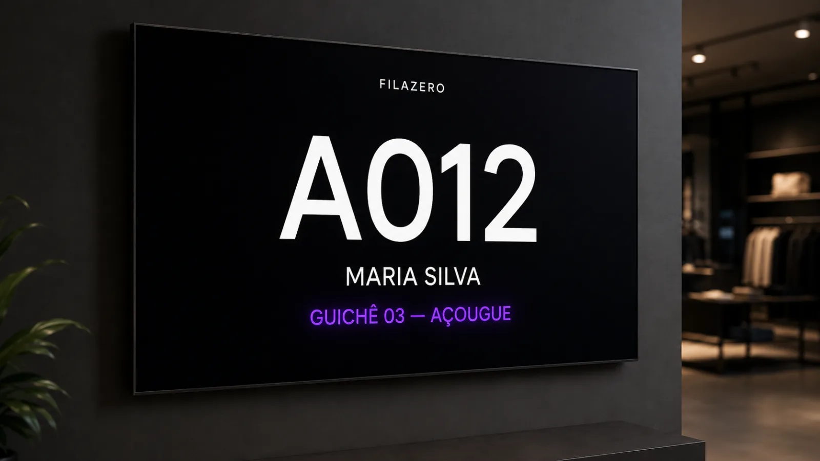 TV de chamada Filazero ativa na sala, exibindo senha C027 em violeta sobre fundo escuro e indicação do consultório.