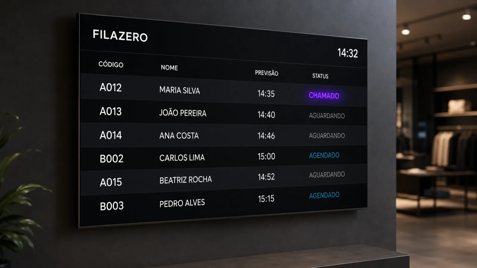 TV no modo lista, exibindo várias senhas em ordem com previsão de chamada.