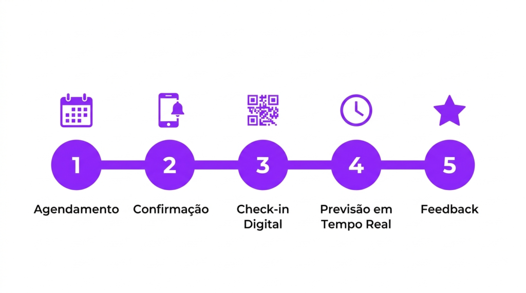 Infográfico das 5 etapas da jornada de fila virtual